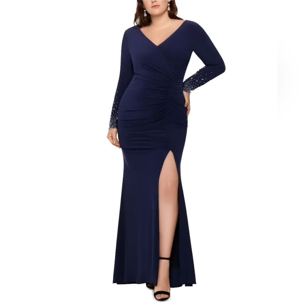XSCAPE Womens Navy Long Sleeve Full-Length Fit + Flare Formal Dress Plus 16W